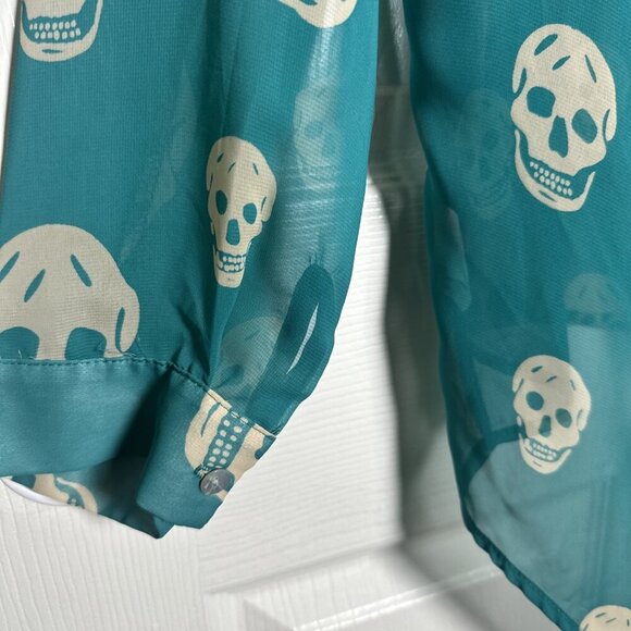 Honey Punch Large Skull Long Sleeve Teal Green Y2K Aria Top Office Halloween - Picture 9 of 11